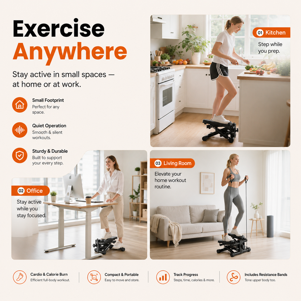 Compact Mini Stepper with Resistance Bands – Silver