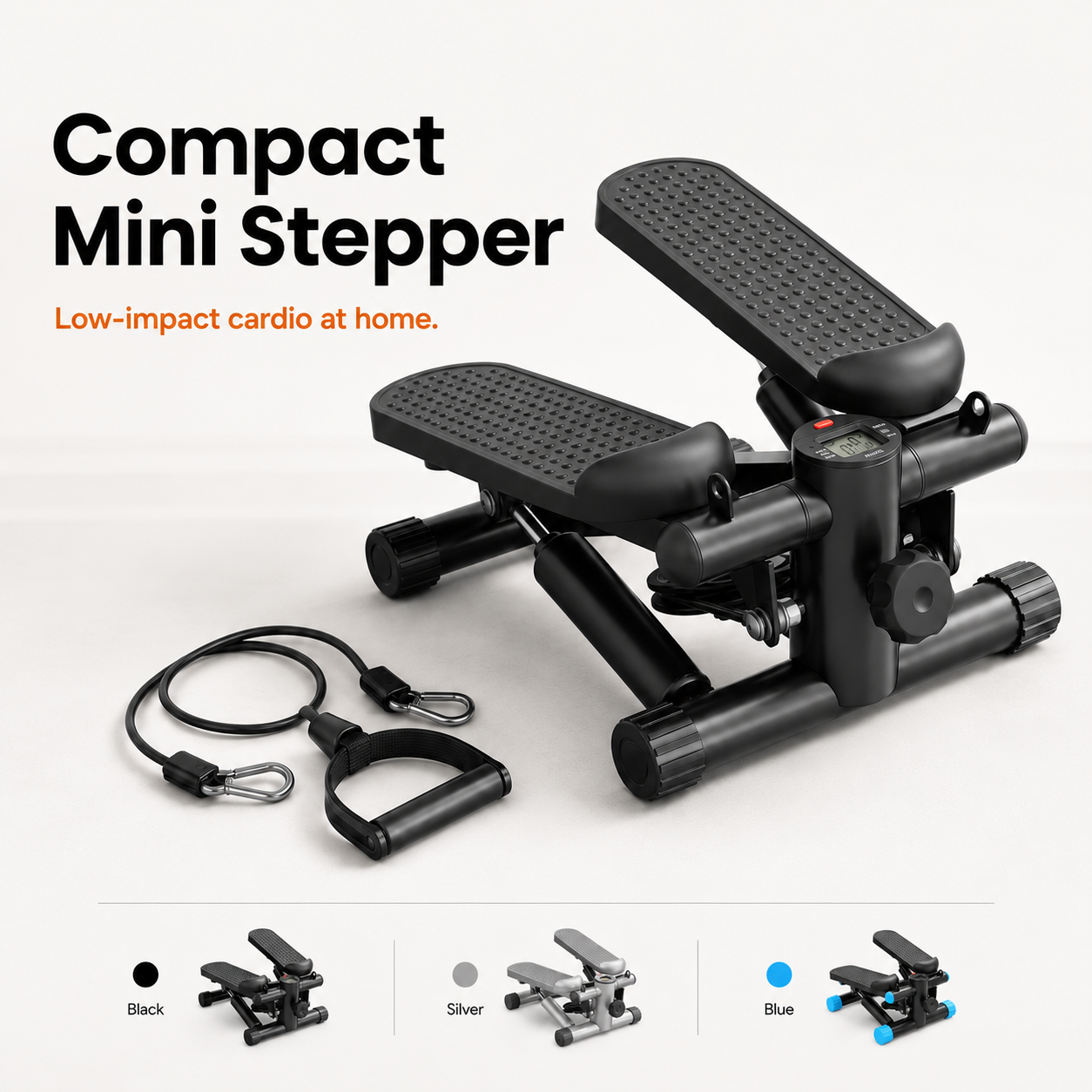 Compact Mini Stepper with Resistance Bands – Silver