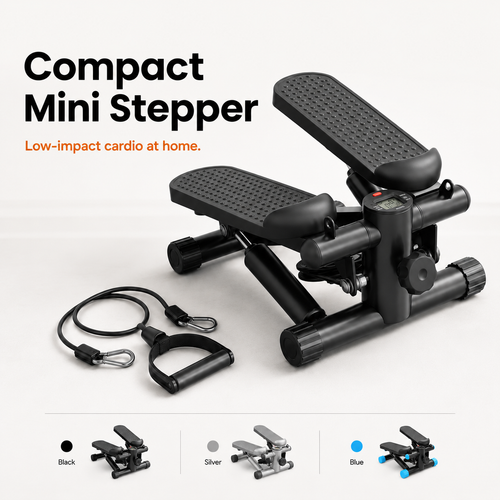 Compact Mini Stepper with Resistance Bands – Silver